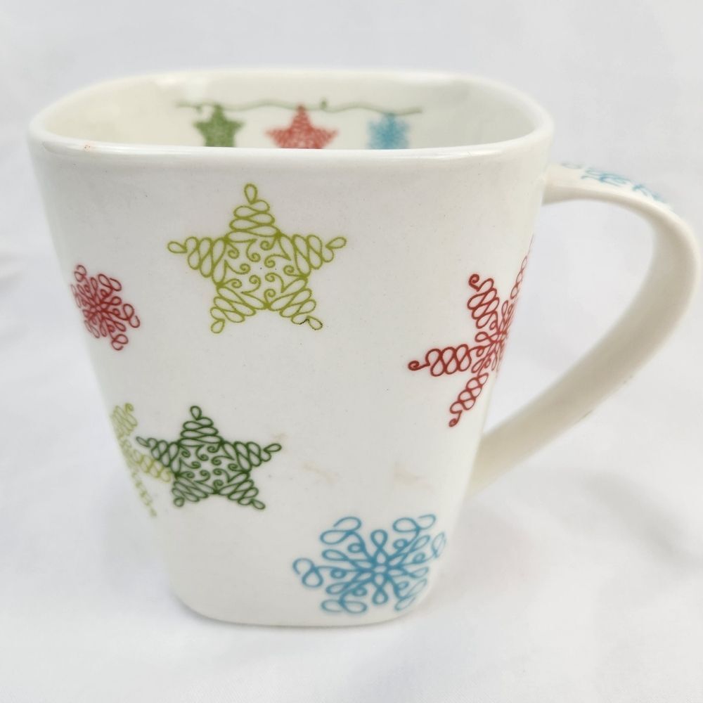☕️Vintage Starbucks 2005 Whimsical Stars & Snowflakes Square Stoneware 12oz Mug